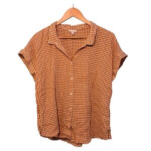 Lucky Brand Gingham Short Sleeve Button Down Shirt Brown White Check L